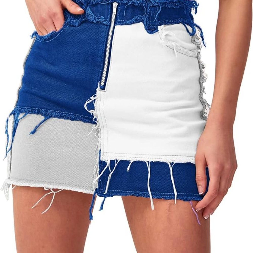 Patchwork Ripped Stretch Denim Skirts - image 1